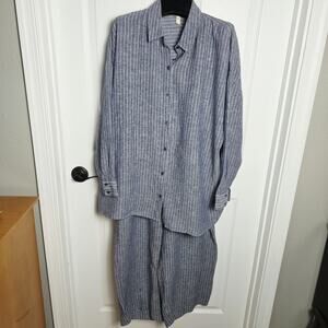 Eileen Fisher Shirt Pants Set Outfit L Blue Organic Linen Striped 2 Piece